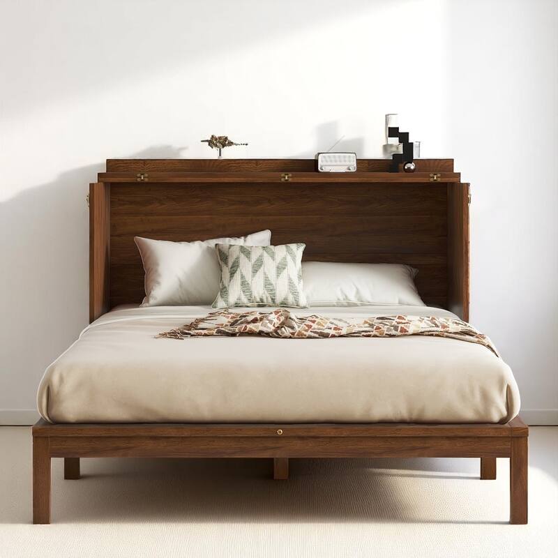 Space-Saving Queen Murphy Bed with Rattan Decoration, Power Station & Large Drawer