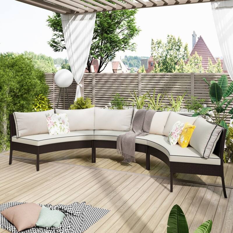 [Pre sale]3PCS Half-Moon Patio Sectional Sofa Set with Beige Cushions