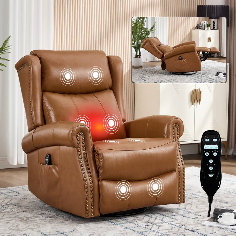 RoomfittersLeather Manual Swivel Rocker Recliner Chair with Heat and Massage Glider Lounge Sofa for Living Room