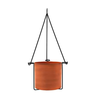 Achla Designs 22.5"H Black Wrought Iron Indoor Outdoor Vera Hanging Planter w/Cylindrical Burnt Sienna Galvanized Steel Pot