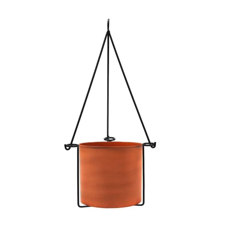 Achla Designs 22.5"H Black Wrought Iron Indoor Outdoor Vera Hanging Planter w/Cylindrical Burnt Sienna Galvanized Steel Pot
