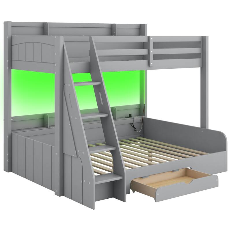 Roomfitters Twin Over Full Bunk Bed with Storage Shelves, LED and Charging Station