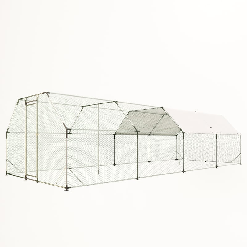 9.94 ft. x 25.68 ft. Galvanized Large Metal Walk in Chicken Coop Cage Farm Poultry Run Hutch Hen House - Silver