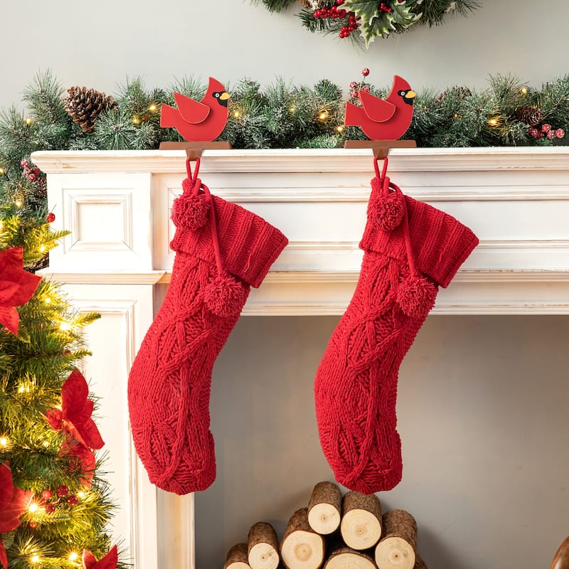 Glitzhome 24"L Knitted Christmas Stocking With Pom Pom Ball