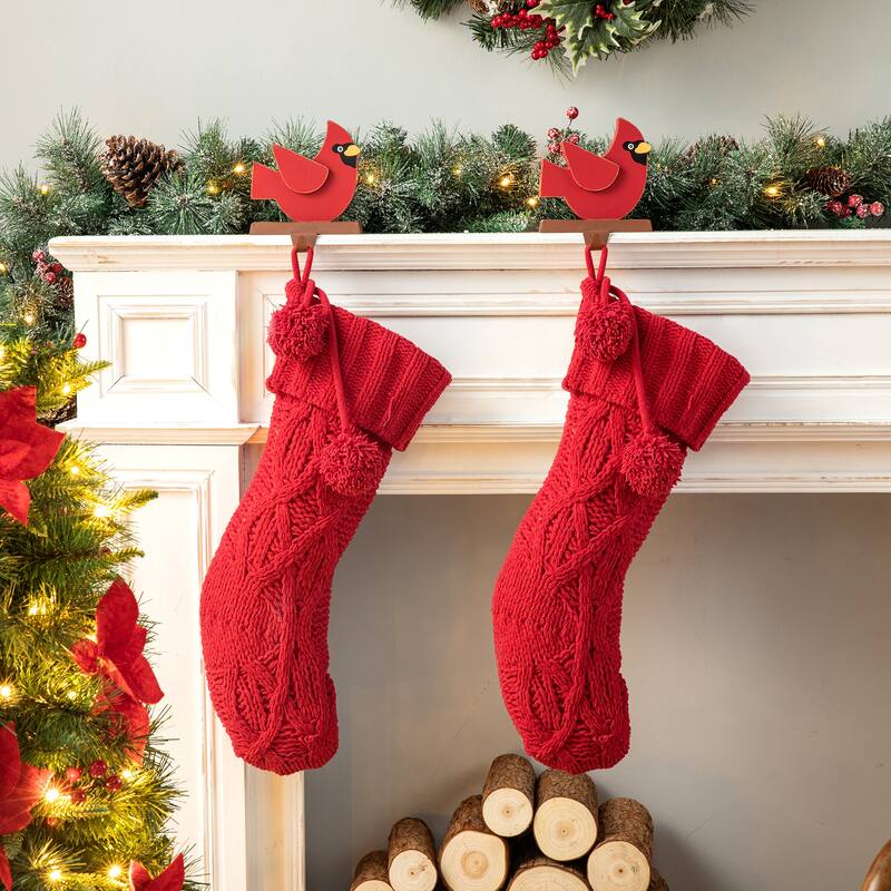 Glitzhome Set of 2 Knitted Christmas Stocking White or Red with Pom Pom Ball