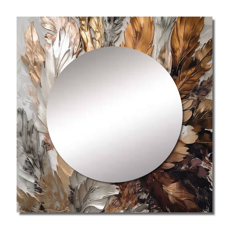 Designart "Gold Feather Extravaganza IV" Glam Feather Wall Mirror - Floral Large Square Printed Mirror For Hallway