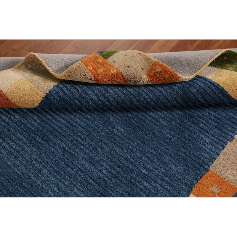 Blue Geometric Gabbeh Indian Area Rug Handmade Border Wool Carpet - 5'3" x 7'7"
