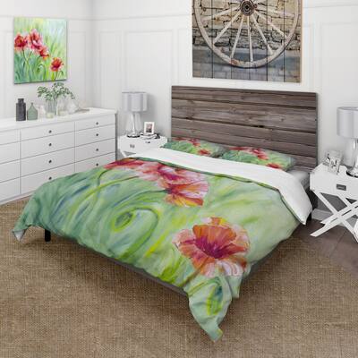 Designart 'Red Blossoming Poppies II' Traditional Duvet Cover Set