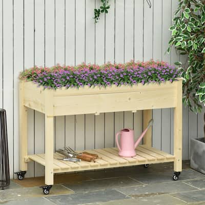 Outsunny Raised Garden Bed Mobile Elevated Wood Planter Box w/ Lockable Wheels, Storage Shelf for Herbs and Vegetables