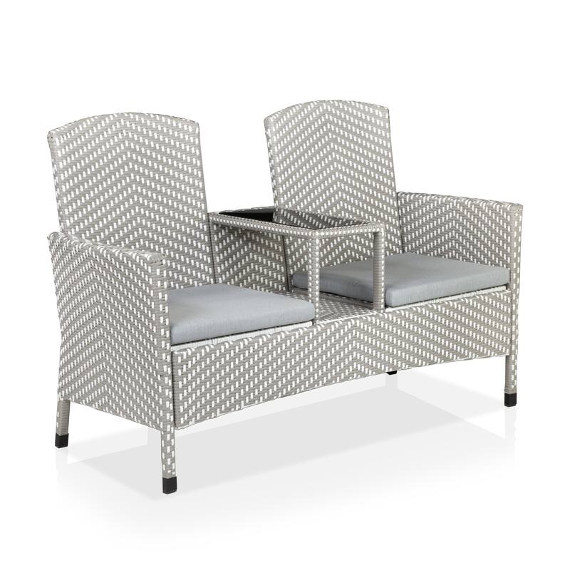 Lulu French Wicker Patio Loveseat with Built-in Glass End Table by Furniture of America
