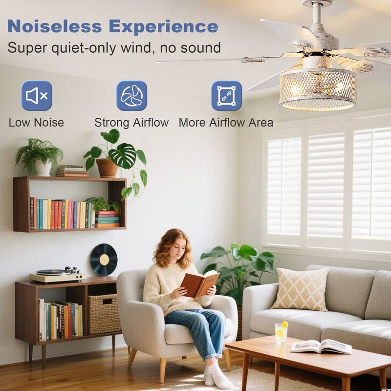 42-52Inch Caged Ceiling Fans with Lights: Dual Finish 5 Blades - Rustic with Remote Control (E26 Bulb Included)