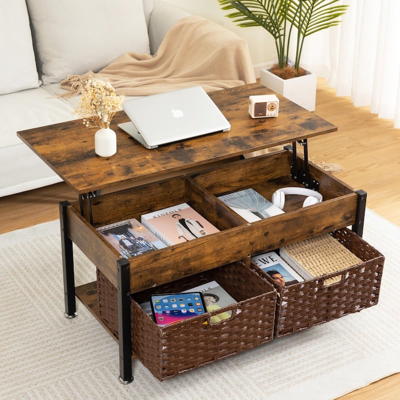 Metal Coffee Table with Lifting Top and Hidden Storage Space, Removable Wicker Baskets