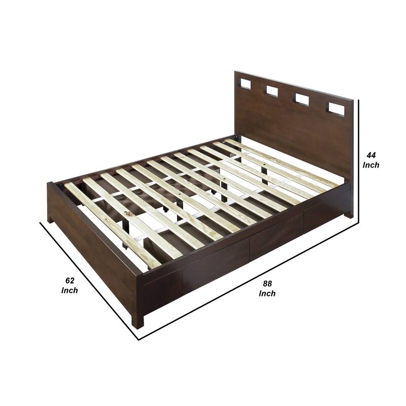 Yee Mahogany Wood Queen Bed with Storage, Panel Cut Out Design, Dark Brown