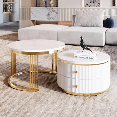 Modern 2-Piece White Round Nesting Coffee Table with Drawers