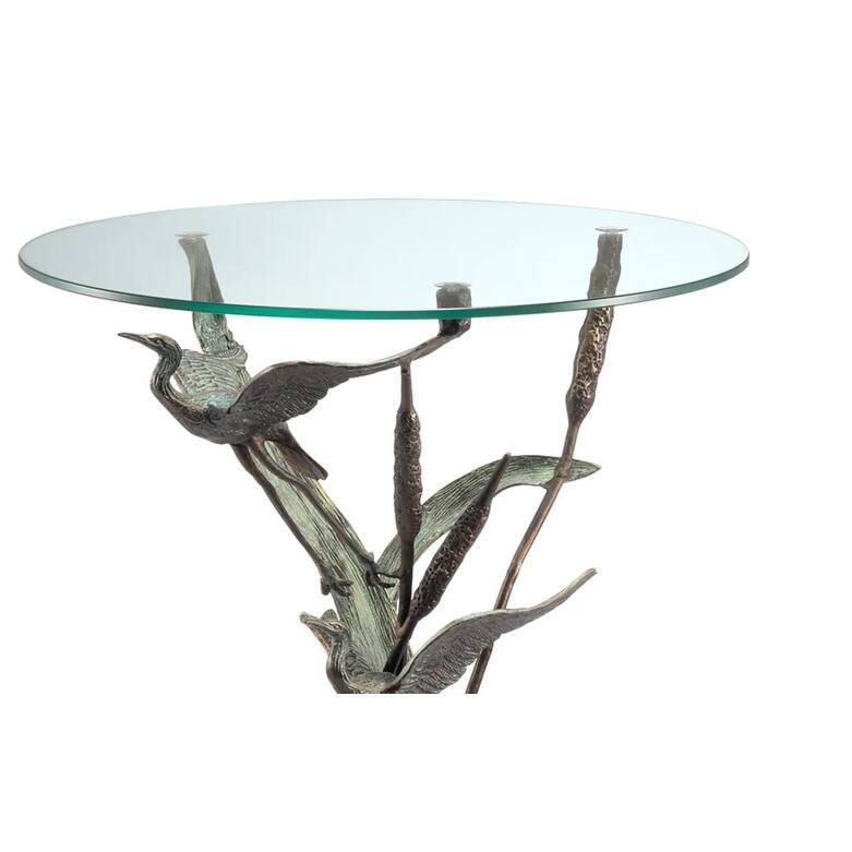 Cast Aluminum Crane Pair In Flight Glass Top End Table - 25 X 22 X 22 inches