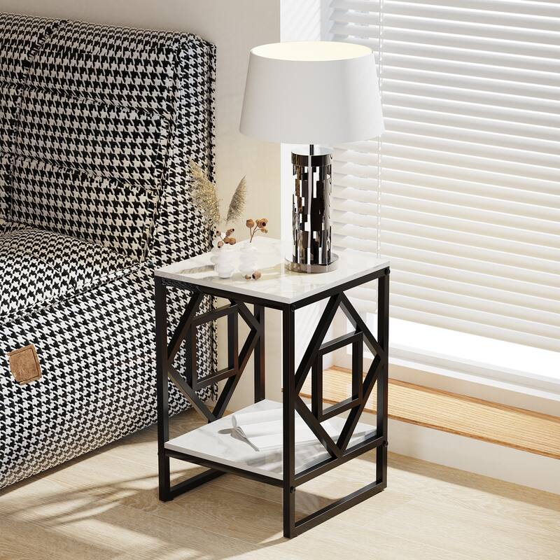 Modern side table in the shape of a rose: 2-tier sofa side table with burnished stone top and gold/black frame for living room