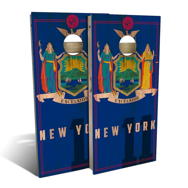 New York State Flag 2 Outdoor Cornhole Board Set - Backyard 2x4 - Include Case + Hole Lights