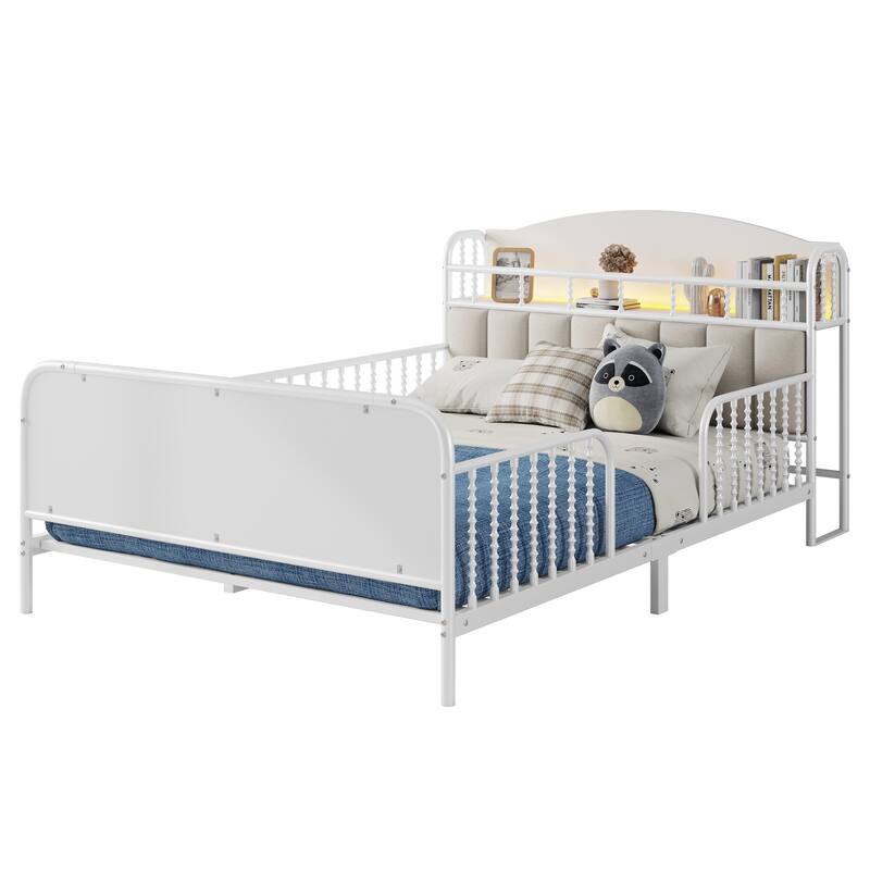 Full Size Metal Platform Bed with LED Lights, Upholstered Headboard, and Storage, White