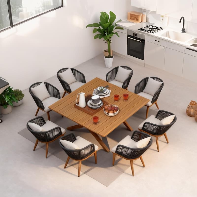 PURPLE LEAF dinnig set for the living room and dining room modern and simple design combining durability and aesthetics - Teak(9 Pcs Square Teak Table)