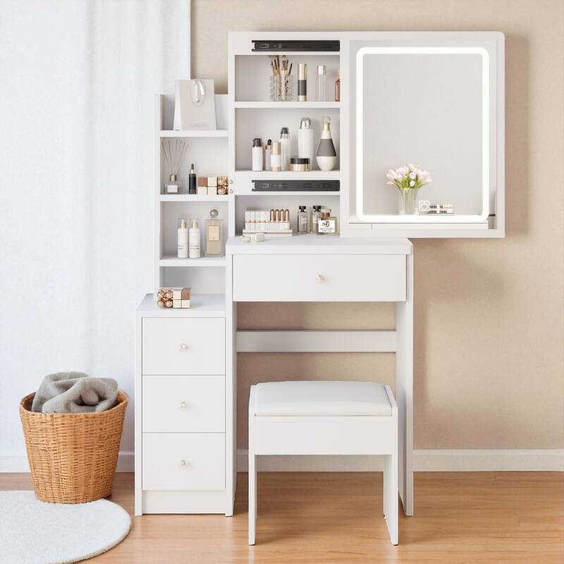 29.2" Small Vanity Table with LED Sliding Mirror, Cushioned Stool, Touch Light and Storage Cabinet
