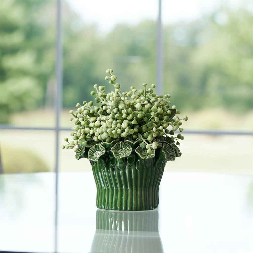 Floral Bud Stoneware Vases - 6" - Green - Set of 2