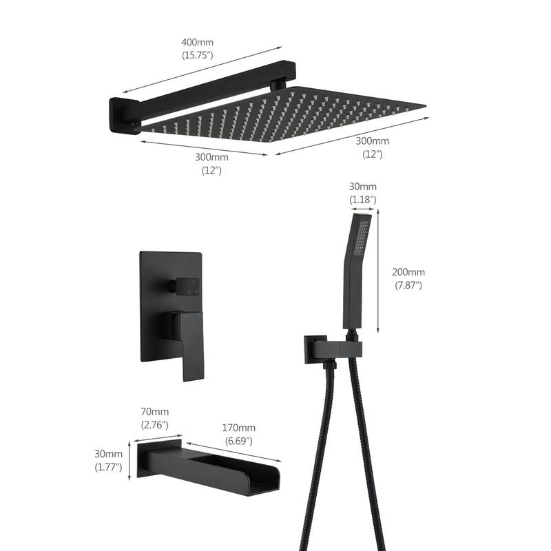 YASINU 3 Function Wall Mounted Handheld Shower Tub Faucet Trim Kit With Rough-in Valve - 12" - Matte Black-12