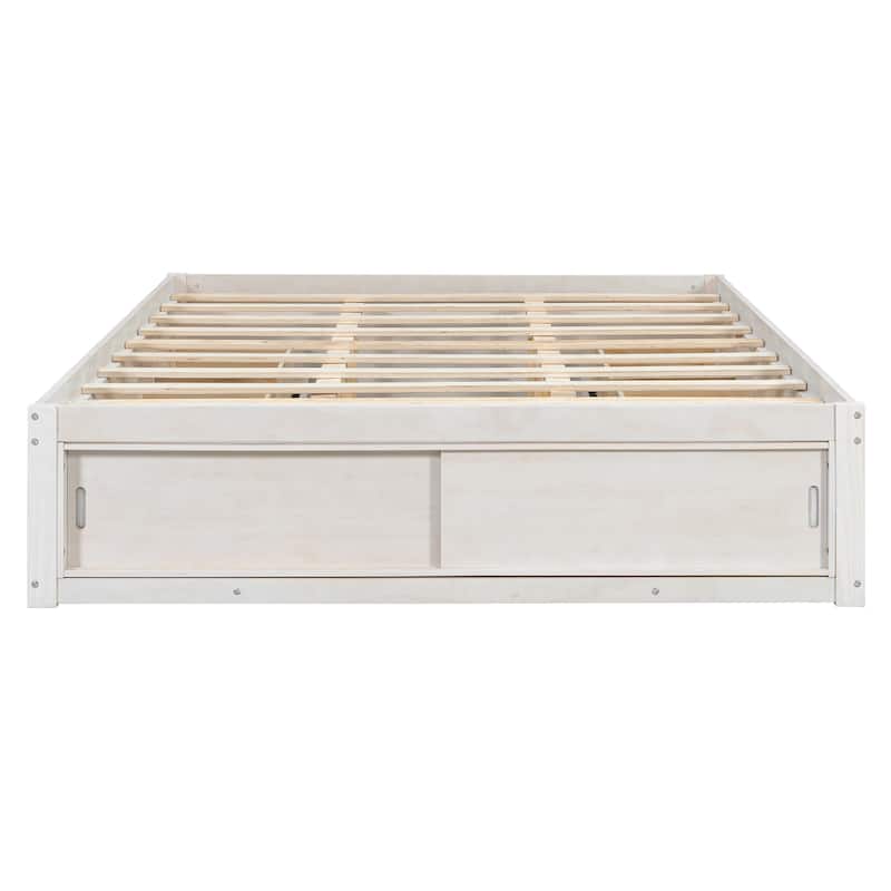 Queen Size Platform Bed Frame with 4 Storage Drawers & Footboard Cubby, No Headboard Design