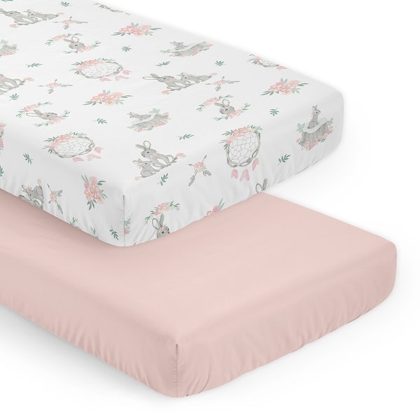slide 2 of 6, Sweet Jojo Designs Woodland Bunny Floral Girl 2 Pack Fitted Crib Sheets - Solid Pink & Shabby Chic, Boho, Watercolor Rose Flower