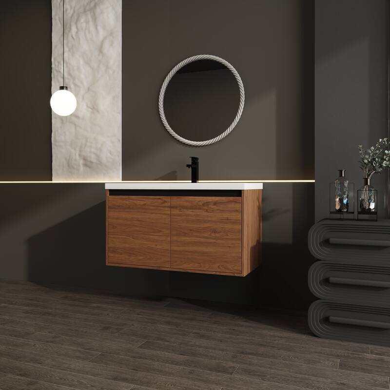 GDFStudio - Levistar Modern Wall-Mounted Bathroom Vanity Set with Scratch-Resistant Resin Sink & Soft Close Doors