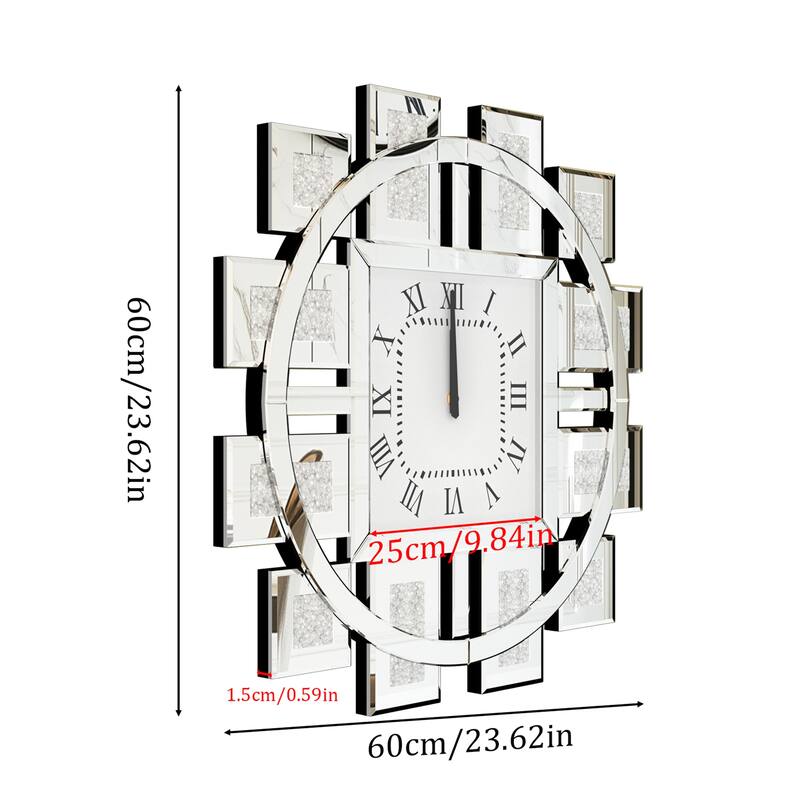Gold/Silver Irregular Luxury Mirrored Wall Clock w/Crushed Diamond Inlay - 23.62x23.62 inch