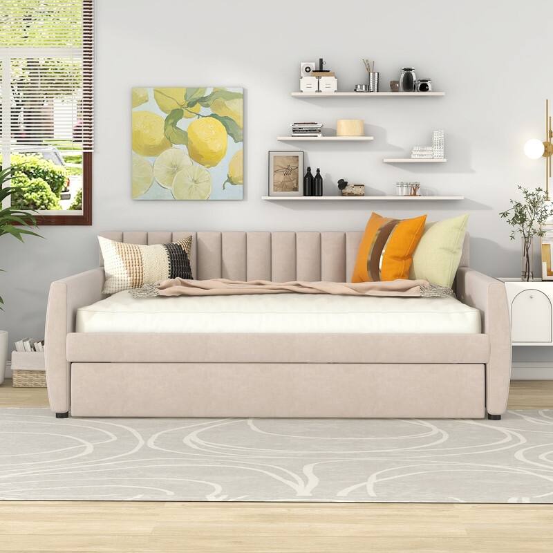 Full Size Daybed with Trundle,Upholstered Day Bed Frame Velvet Sofa Beds with Vertical Channel Tufted