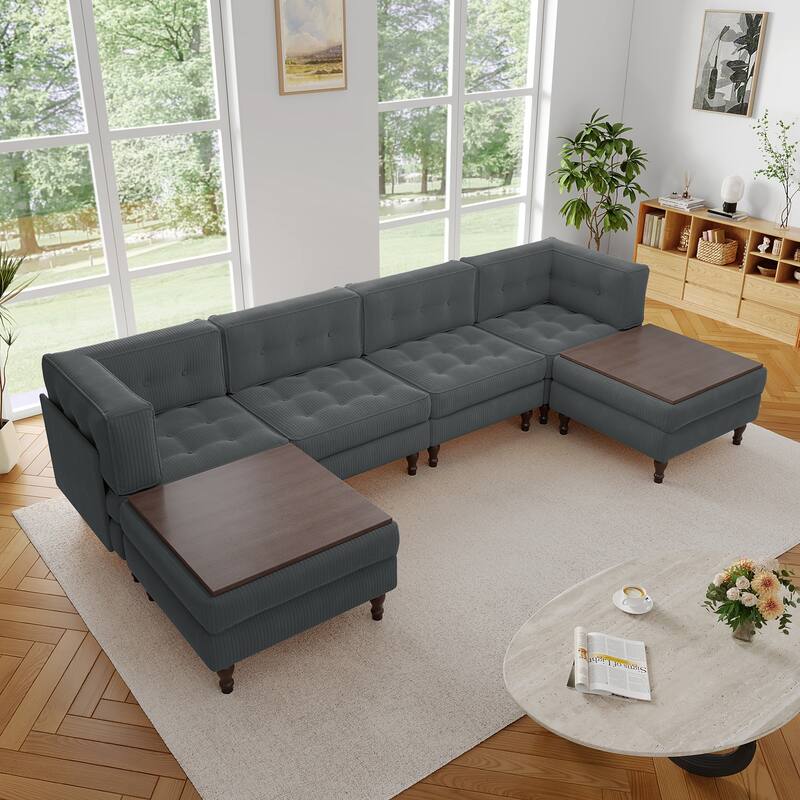 130"W Corduroy Upholstered Modular Sectional Sofa with Storage Ottoman