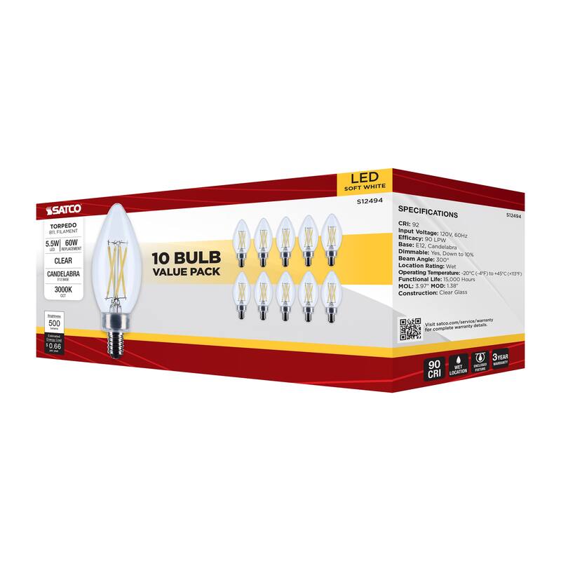 5.5 Watt B11 LED Candelabra Base Clear 3000K CCT 120 Volt 10-pk