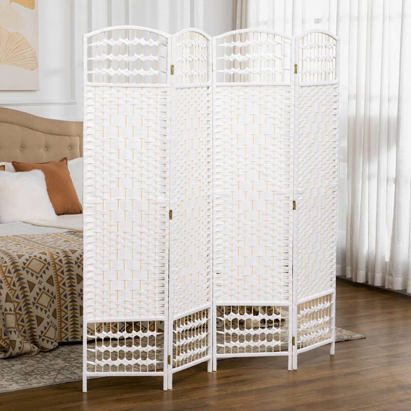 Poplar Wood Wicker Room Divider with Foldable Panels - 4-panel - Snowflake White