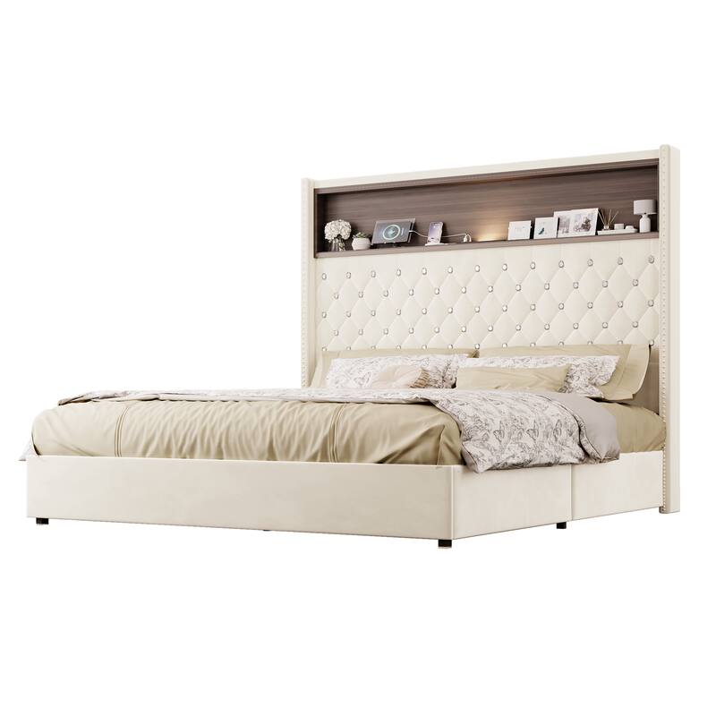 Queen Size Platform Bed Frame Tall Full-backed Headboard Velvet Tufted Upholstered Bed with Wingback USB Charging & Night Light