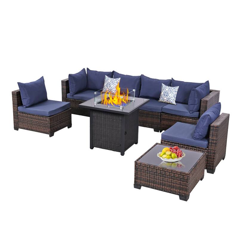 8 Pieces Wicker Outdoor Conversation Set with Fife Pit Table
