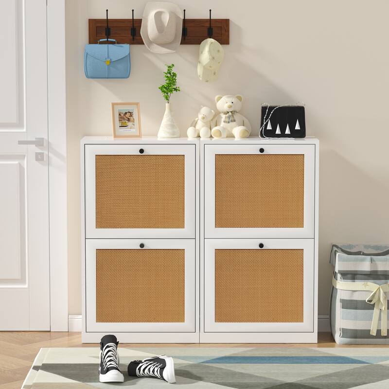Anmytek 12 Pairs White Wood Rattan Shoe Storage Cabinet 2 Flip Drawers Slim Shoe Storage Organizer - 2-Tier