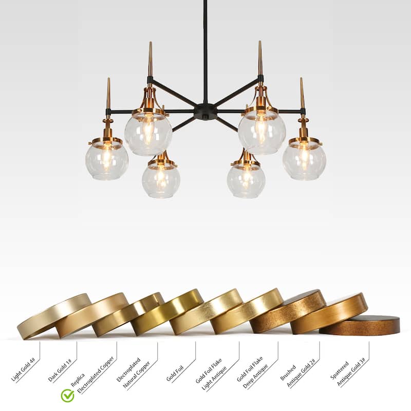 Beta Modern 6-Light Glass Wheel Chandelier Black Gold Pendant for Dining Living Room - 27.6"L x 4.9"W x 12.6"H