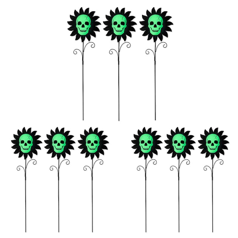 Glitzhome Set of 3 Halloween Metal Sunflower Skulls Glow-in-Dark or Chomper Pathway Yard Stakes - 9-Piece Sunflower