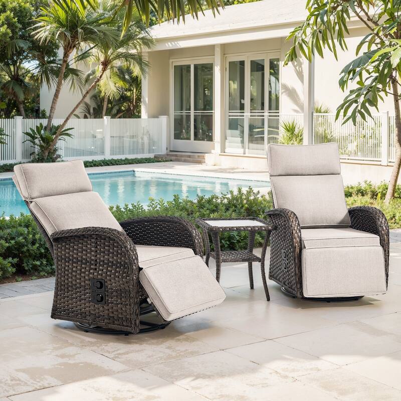 Meyreso 3-Piece Wicker Swivel Reclining Chaise Lounge with Adjustable Backrest & Footrest - Beige-2 Chairs+Table