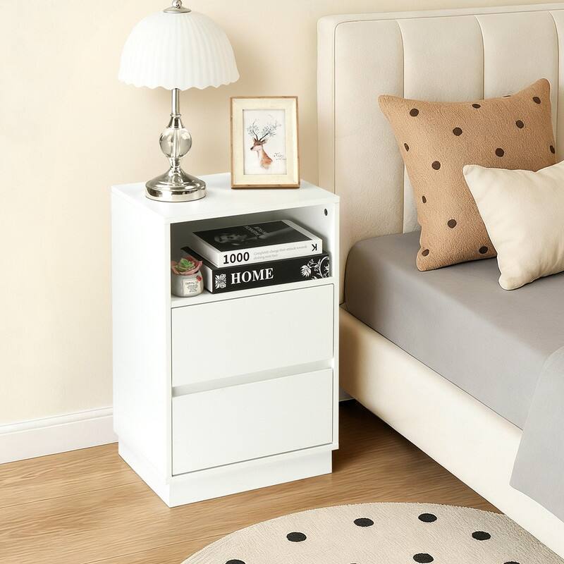 15.7" White Nightstand, P2 Particleboard, Matte Melamine, Beveled Drawer, 2 Drawers