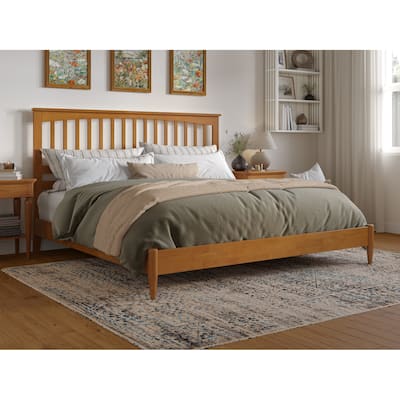 King Size Wood Platform Bed - Gothic Grandeur Low Profile Bed Frame - Light Toffee Finish