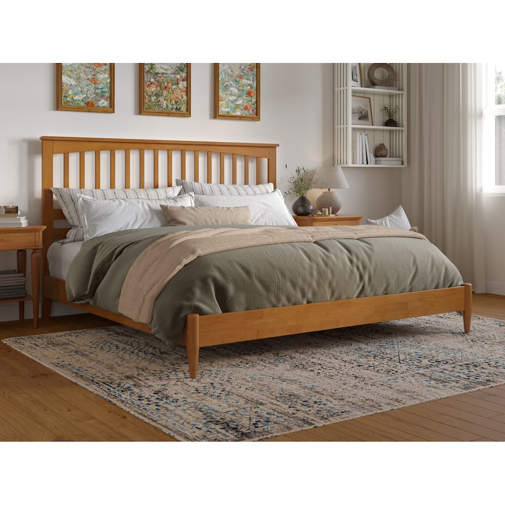 King Size Wood Platform Bed - Gothic Grandeur Low Profile Bed Frame - Light Toffee Finish