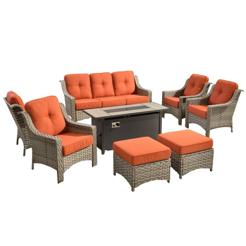 HOOOWOOO 8-piece Wicker Patio Ergonomic Conversation Set with 54" Fire Pit