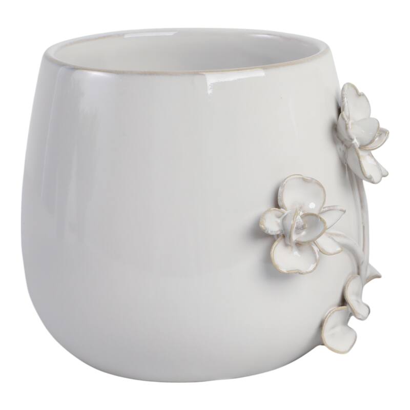 Decorative Ceramic Flower Planter with Flower Applique - Ivory