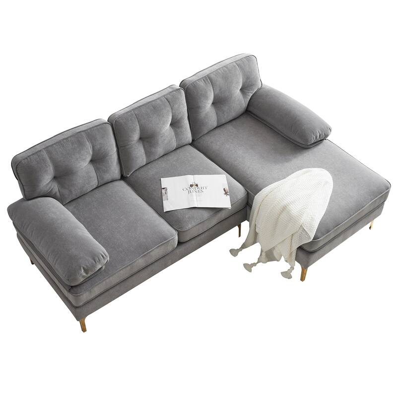 Velvet Sectional Sofas Couches with Pillow Top Arms and Upholstered Backrest, Modern L-Shaped Couches with Metal Legs