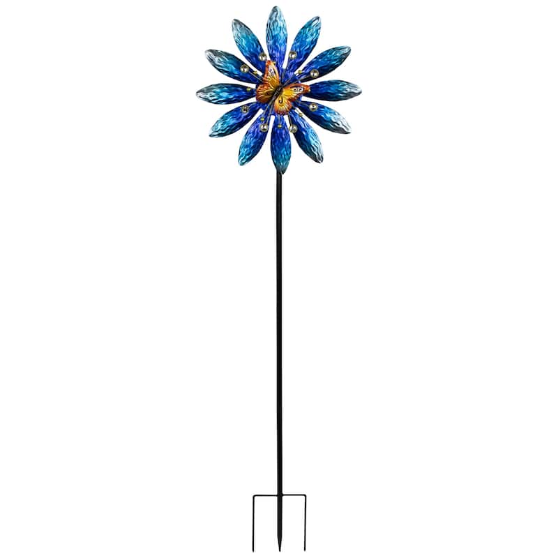 Blue Flower with Butterfly Outdoor Pinwheel Garden Stake - 4'