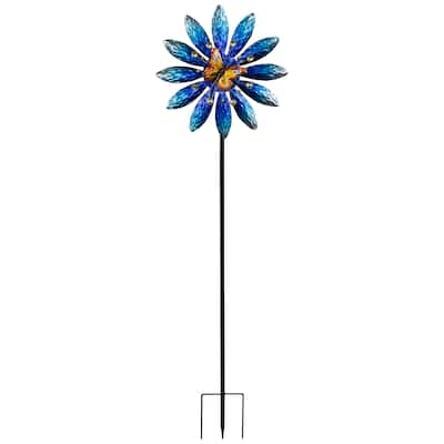 Blue Flower with Butterfly Outdoor Pinwheel Garden Stake - 4'
