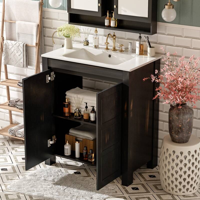 30" Bathroom Vanity with Ceramic Sink, Soft-Close Door, Adjustable Shelf - Espresso