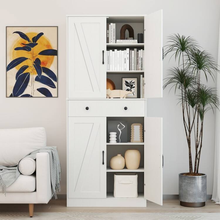 Farmhouse Pantry Cabinet with Barn Doors Tall Kitchen Storage Organizer with Adjustable Shelves